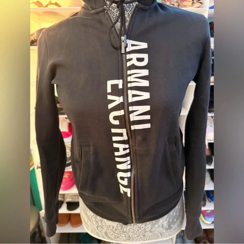 Armani Exchange Black Hooded Zip Jacket with White Vertical Logo - Picture 2 of 3